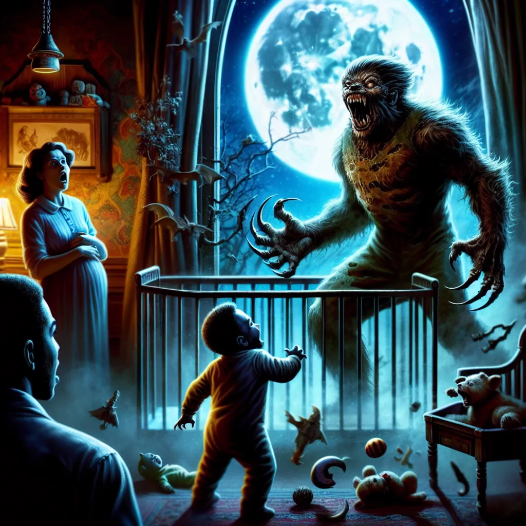 A chilling scene from a horror story unfolding in a moonlit nursery: A baby boy, Henry, begins a rapid transformation into a teenage werewolf. Henry's body twists and grows, his once innocent cries turning into guttural, animalistic sounds as his mind and instincts change irreversibly. His parents, shocked and terrified, witness the horrifying metamorphosis as the moon watches silently from above.