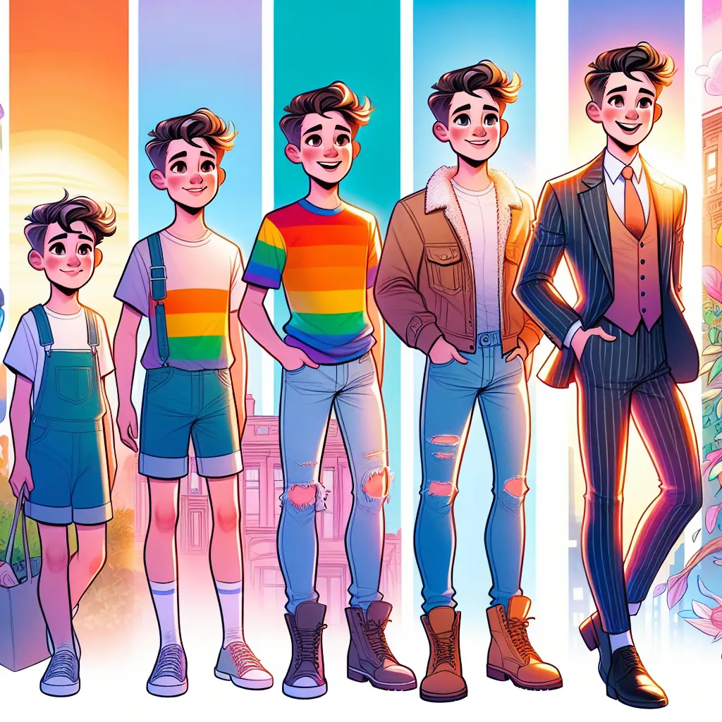 The image will display the transformation of a young boy named Oliver into a confident and stylish young gay man, reflecting his journey of self-discovery and expression.