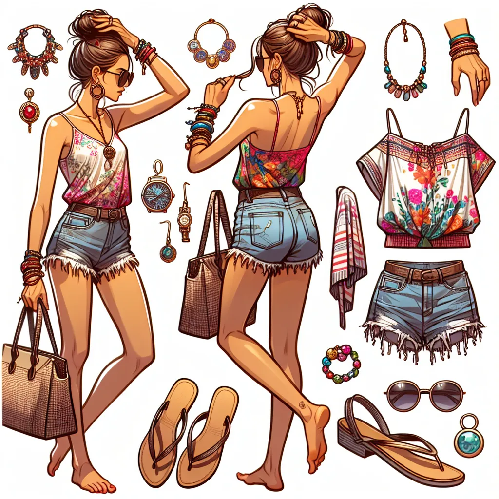 An image of a woman wearing a colorful tank top and denim shorts with floral patterns, putting on her flip-flops, while adjusting her hair in a bun and wearing jewelry such as earrings, a necklace, bracelets, and an anklet. She is also wearing sunglasses and holding her purse.