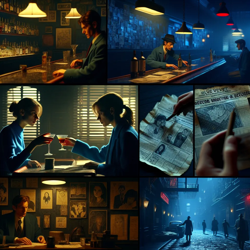 Image Description: In the dimly lit Blue Velvet nightclub, a young woman tends the bar, her hands skillfully pouring drinks. A figure, Detective Marcus Graves, approaches her with an air of determination. They converse amidst the chaotic tranquility of the club before moving to the woman's apartment, where the walls are plastered with articles, photographs, and maps related to her missing sister. The woman hands Detective Graves a crumpled note, which he studies intently. Together, they embark o