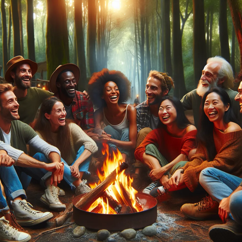 A group of diverse people are sitting around a campfire in a serene forest. They are enjoying each other's company, sharing stories and laughter, with the flickering flames casting a warm glow on their faces.