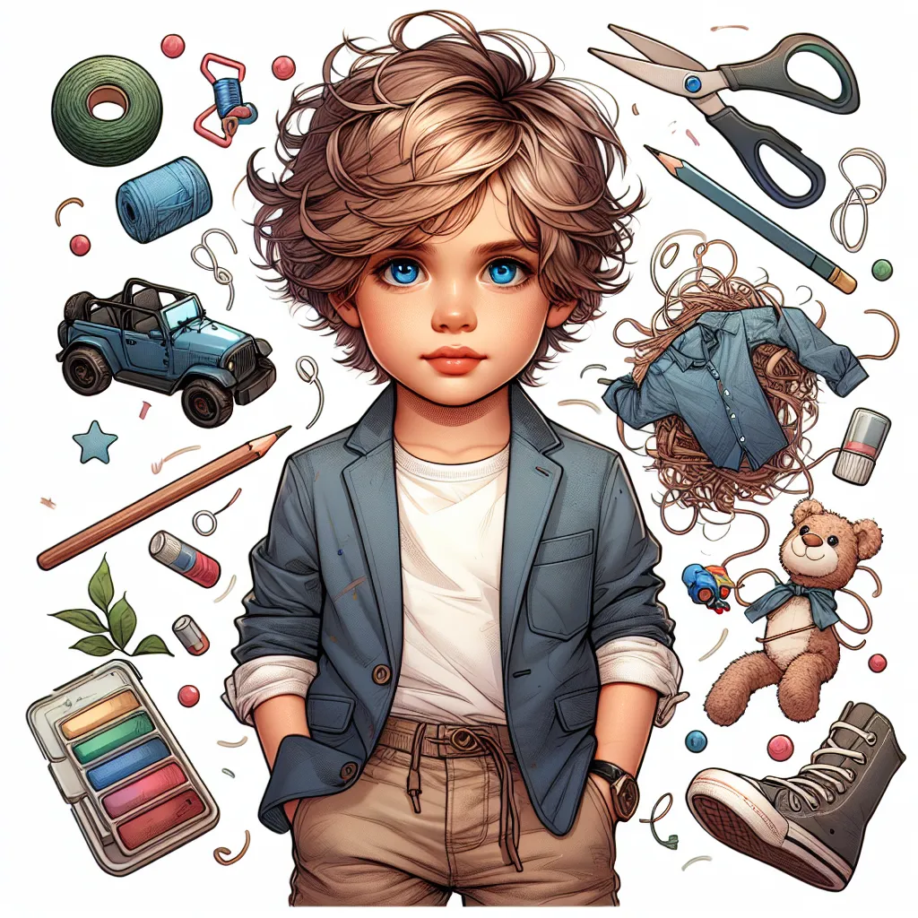 The image accompanying this story could be of a seven-year-old boy named Timmy. He has messy light brown curls and striking blue eyes. Timmy is wearing a casual outfit and holding some of his favorite toys.