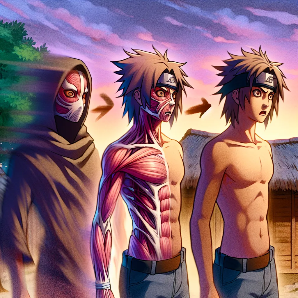 The generated image shows an 18-year-old Naruto Uzumaki in the midst of a transformation. Their body is changing, with curves forming, hair lengthening, and facial features shifting. The image captures the emotions of shock, confusion, and horror on Naruto's face as they try to come to terms with their new identity. The background features the village of Konoha, bathed in twilight, representing the familiar setting where the transformation takes place.