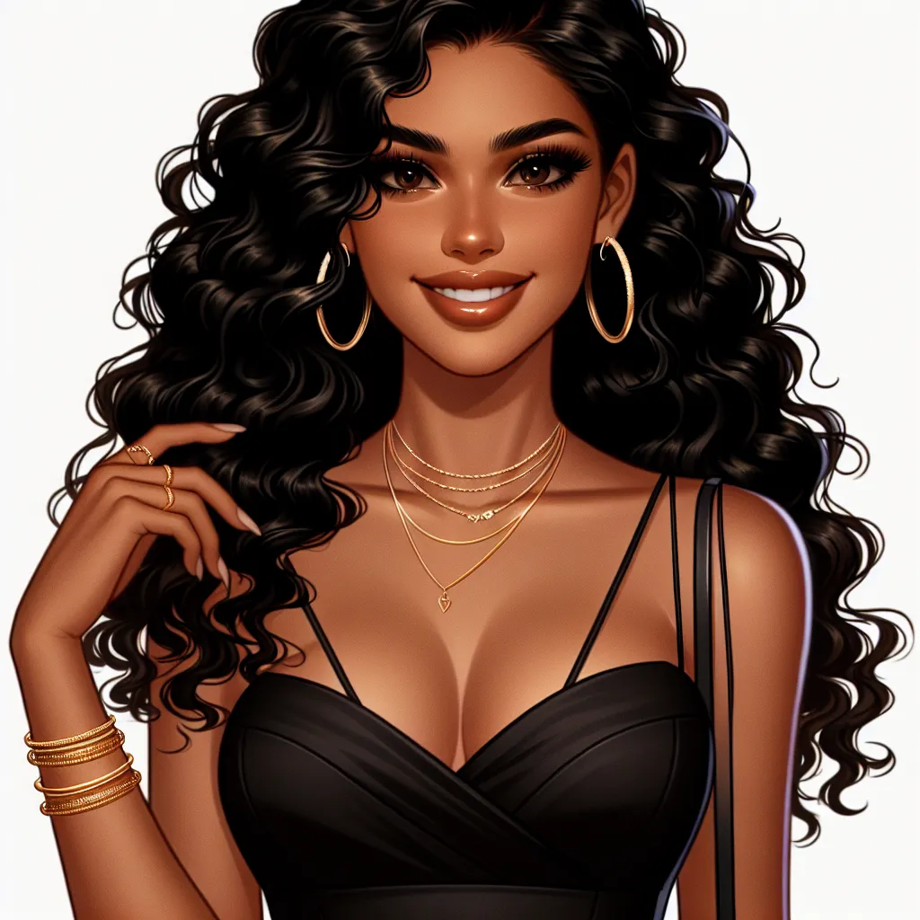 The image accompanying this story will feature a confident and stylish woman named Rhonda Smith, who has long, curly black hair, dark brown eyes, and smooth, warm brown skin. She stands at 5 feet 7 inches tall and weighs 140 pounds. Rhonda is dressed in a tight black glittery dress with a deep V-neck, backless design, and thin straps crossing over her shoulders. She wears delicate gold jewelry, including large hoop earrings, a choker necklace, a sparkly bracelet, a set of bangles on her right wr