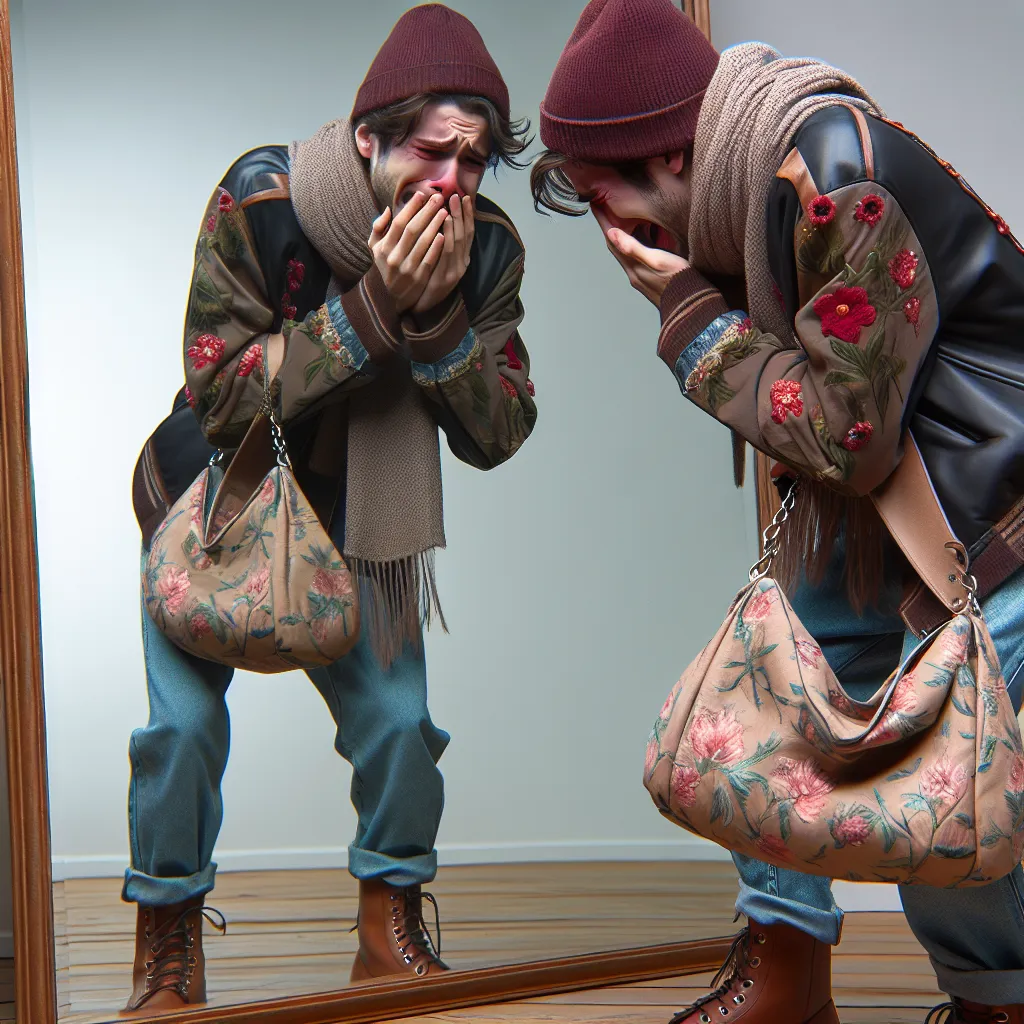 An image of a confused and tearful young boy, now transformed into a woman named Barbara Collins, standing in front of a mirror, wearing a beanie, scarf, jacket, long-sleeve shirt, jeans, and leather boots. She is holding a large purse decorated with flowers and looking down at her hands with tears streaming down her face.