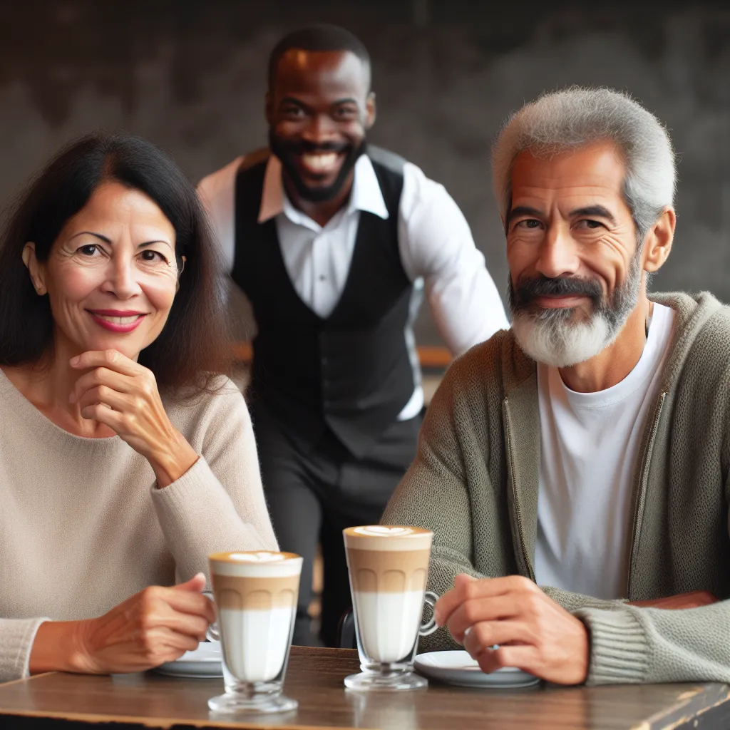 The image accompanying this story will feature a man and a woman sitting in a café, enjoying their lattes. The woman's eyes are sharp, while the man has a mischievous grin. Another man, appearing boisterous, is approaching their table.