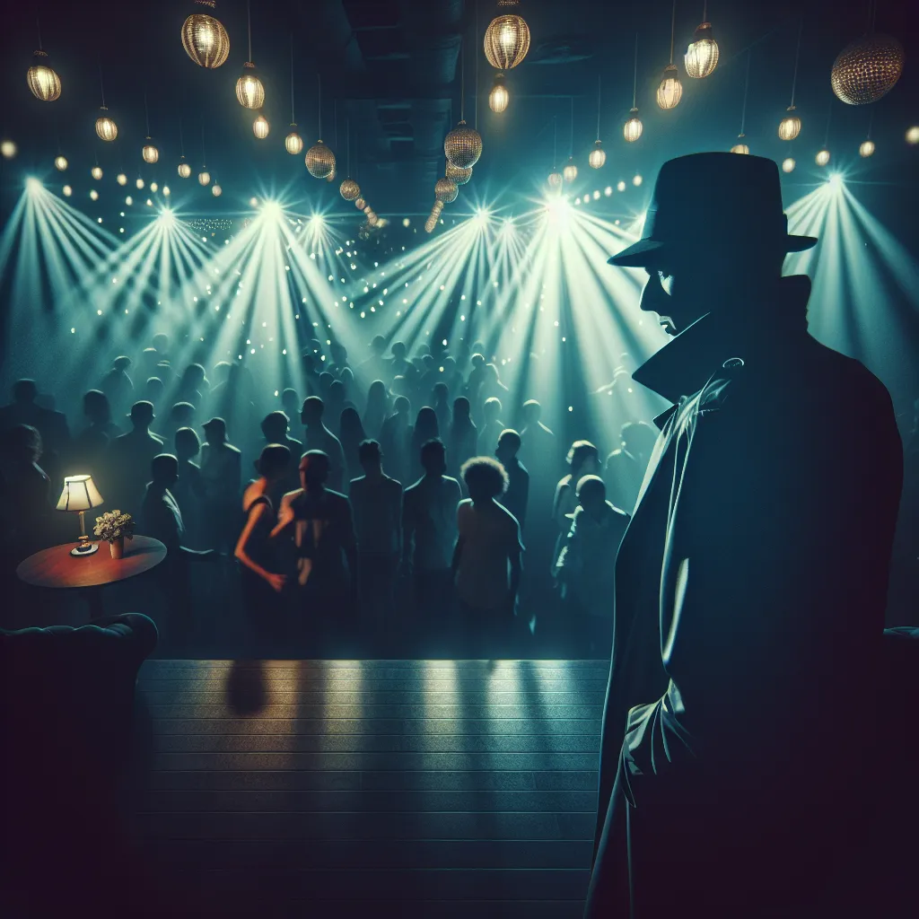 Description: The image depicts a mysterious and intense scene from the thriller story "The Enigma of Georgina: A Nightmarish Conspiracy Unveiled." It shows a dimly lit nightclub with a solitary figure observing the vibrant dance floor. The image captures the sense of danger and suspense surrounding a conspiracy that threatens the life of a renowned celebrity.