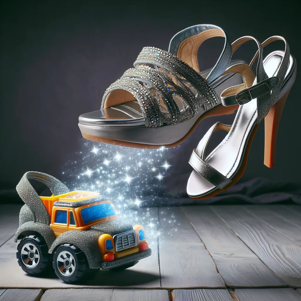 An image of a child's toy car transforming into a pair of sparkling silver clubbing sandals.