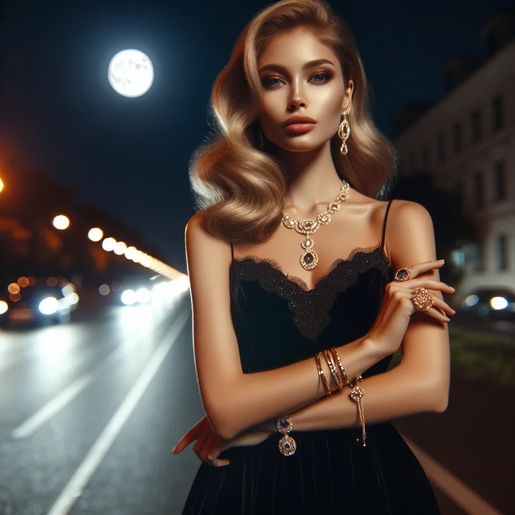 A beautiful and confident woman, wearing an elegant black dress and glamorous jewelry, stands at the edge of a moonlit street, exuding a sense of strength and peace.