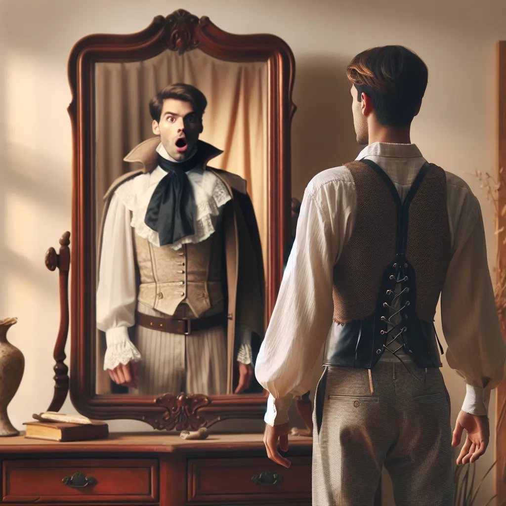 An image of a person standing in front of a mirror, looking shocked and disoriented as they see a reflection of a completely different person staring back at them.