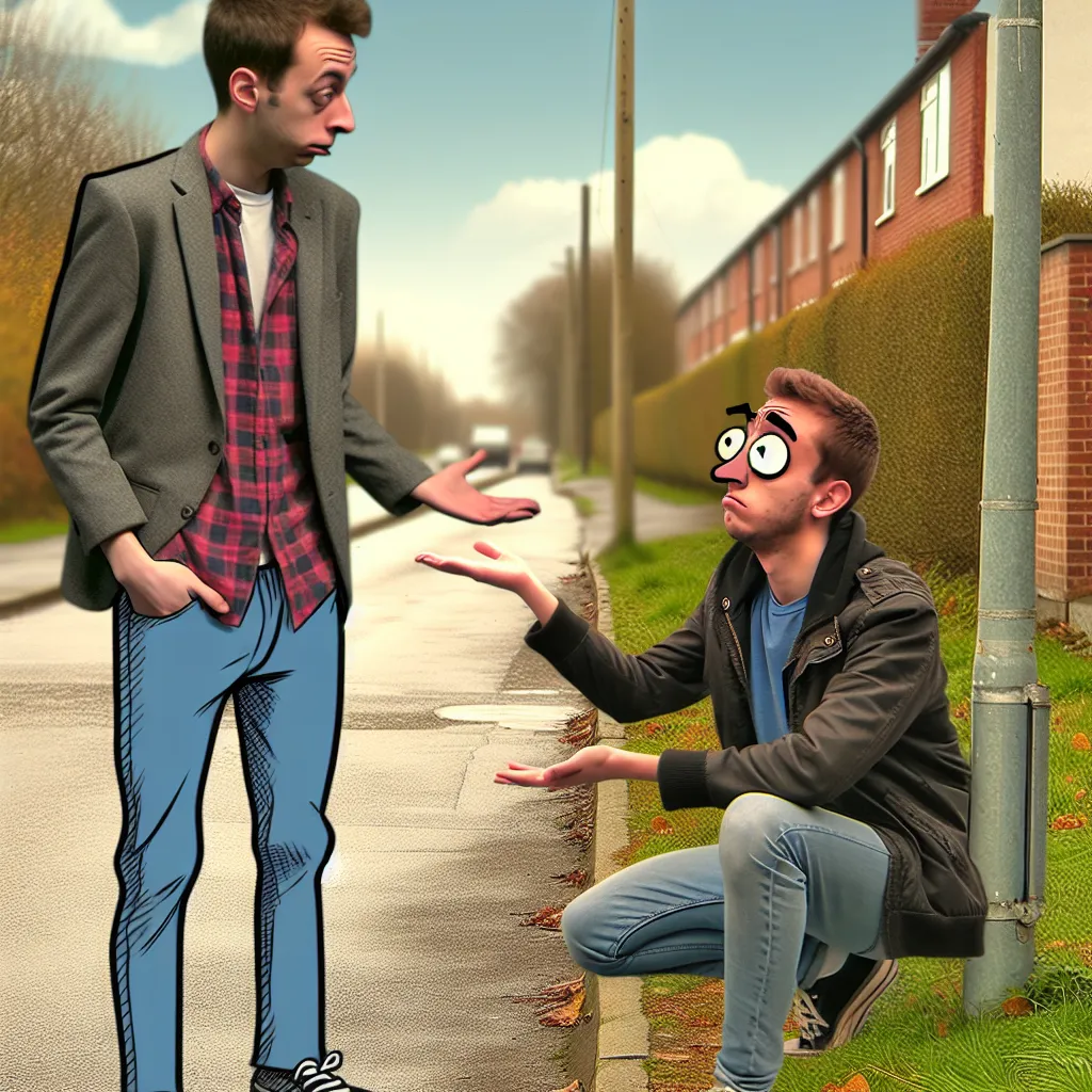 The image accompanying this story could show two friends, one of them looking confused while the other is standing nearby, looking exasperated. They could be in a suburban setting, perhaps near a sidewalk or curb. Both characters should appear lighthearted and comical, conveying the humor of the story.