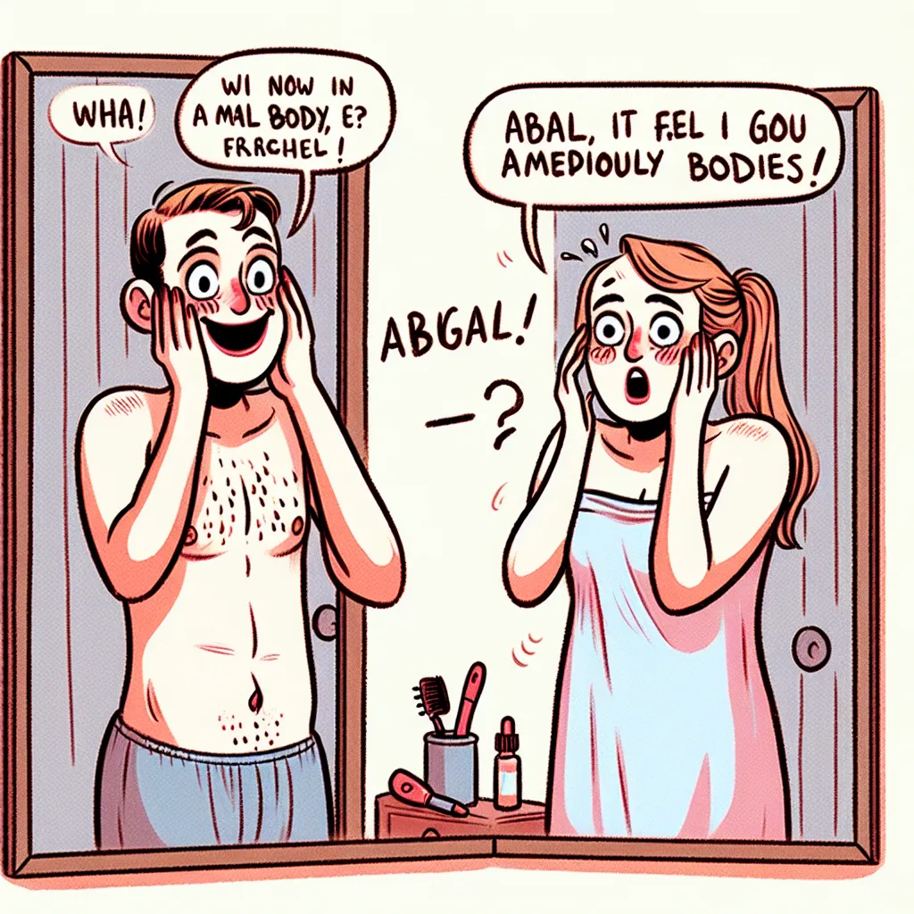 An image of Abigail and Mike standing in front of a mirror, looking bewildered and shocked after swapping bodies. Abigail, now in Mike's body, has a mischievous grin, while Mike, now in Abigail's body, is poking at his cheeks and scratching his head in confusion.