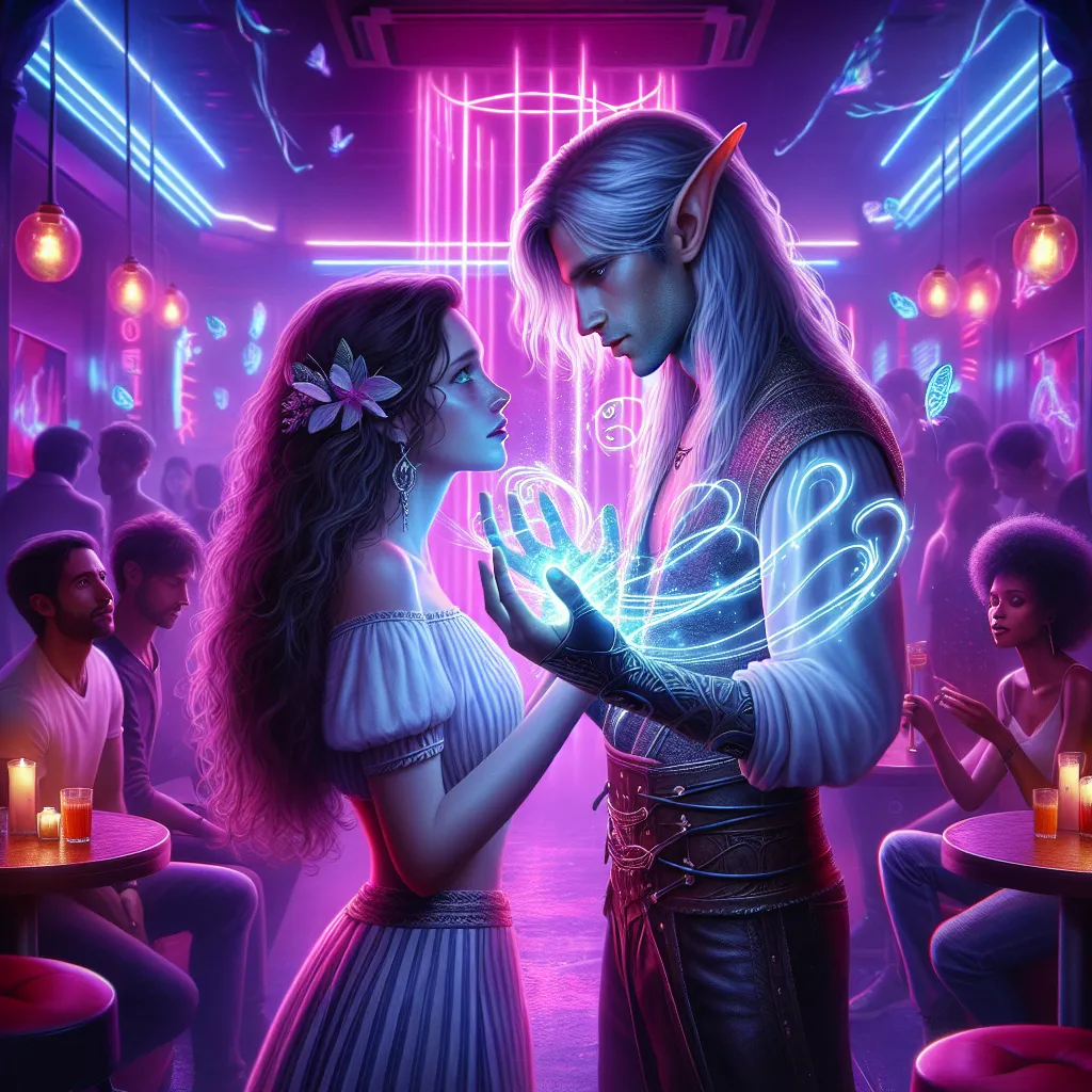 A romantic scene set in a neon-lit nightclub where Julia, inheritor of Calloway’s club, encounters Talen, an ethereal elf facing a deadly curse. Julia's determination to help prompts her to research fey magic, leading to a heart-wrenching moment where her love breaks the curse. The image captures an intimate moment between Julia and Talen, surrounded by the club's neon glow and the weight of their intertwined fates.