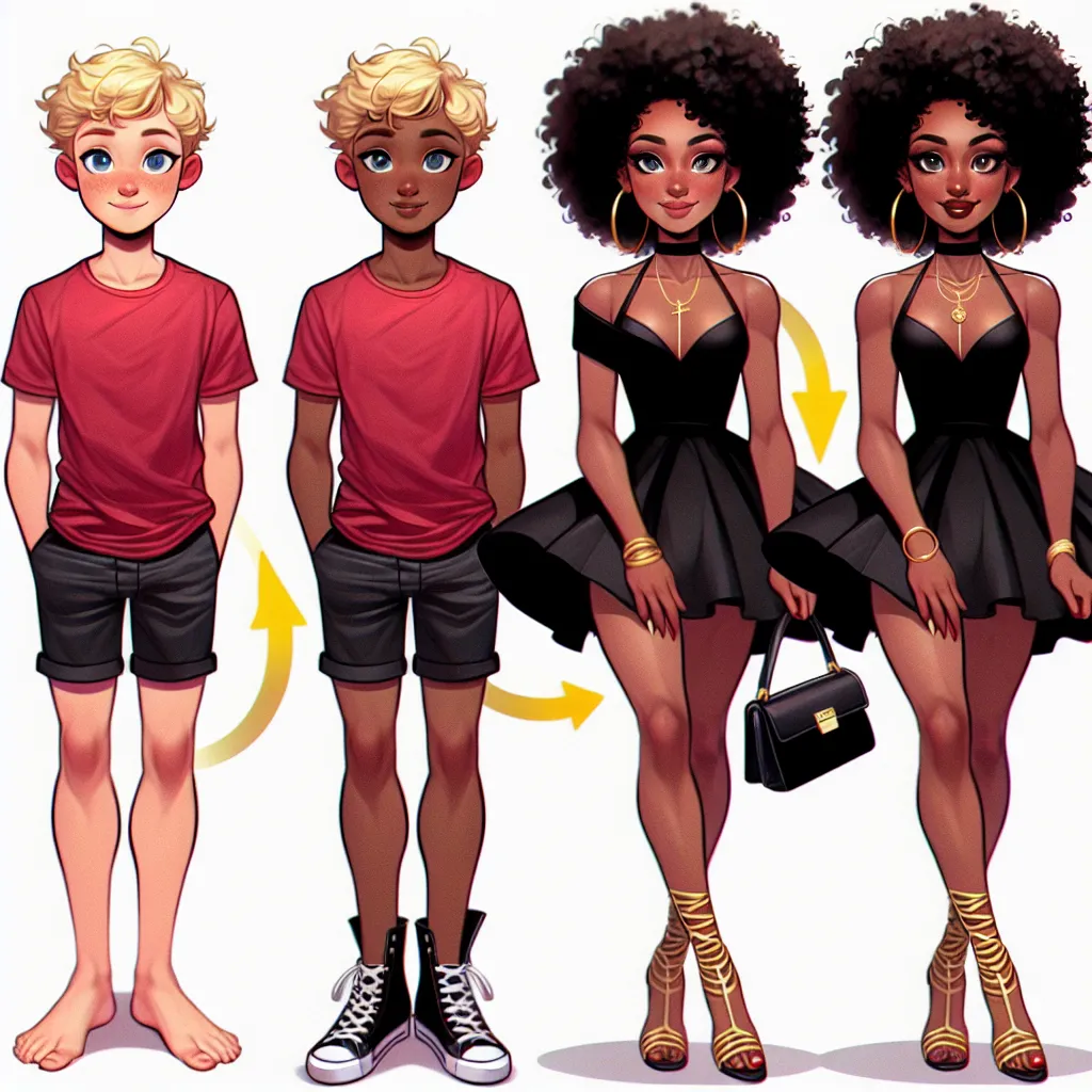 Little white boy with blonde curly hair, blue eyes, a red t-shirt and black shorts whose barefoot but his feet are inside a pair of skimpy sandals that are strappy 5 inch heels that are gold and have it be a montage collage photo that shows him slowly morphing into a black woman with an afro of black hair, a black skimpy dress, hoop earrings in her ears, an anklet on her left foot, a necklace on her neck and brown eyes and have her be wearing a black small purse on her left shoulder and have her