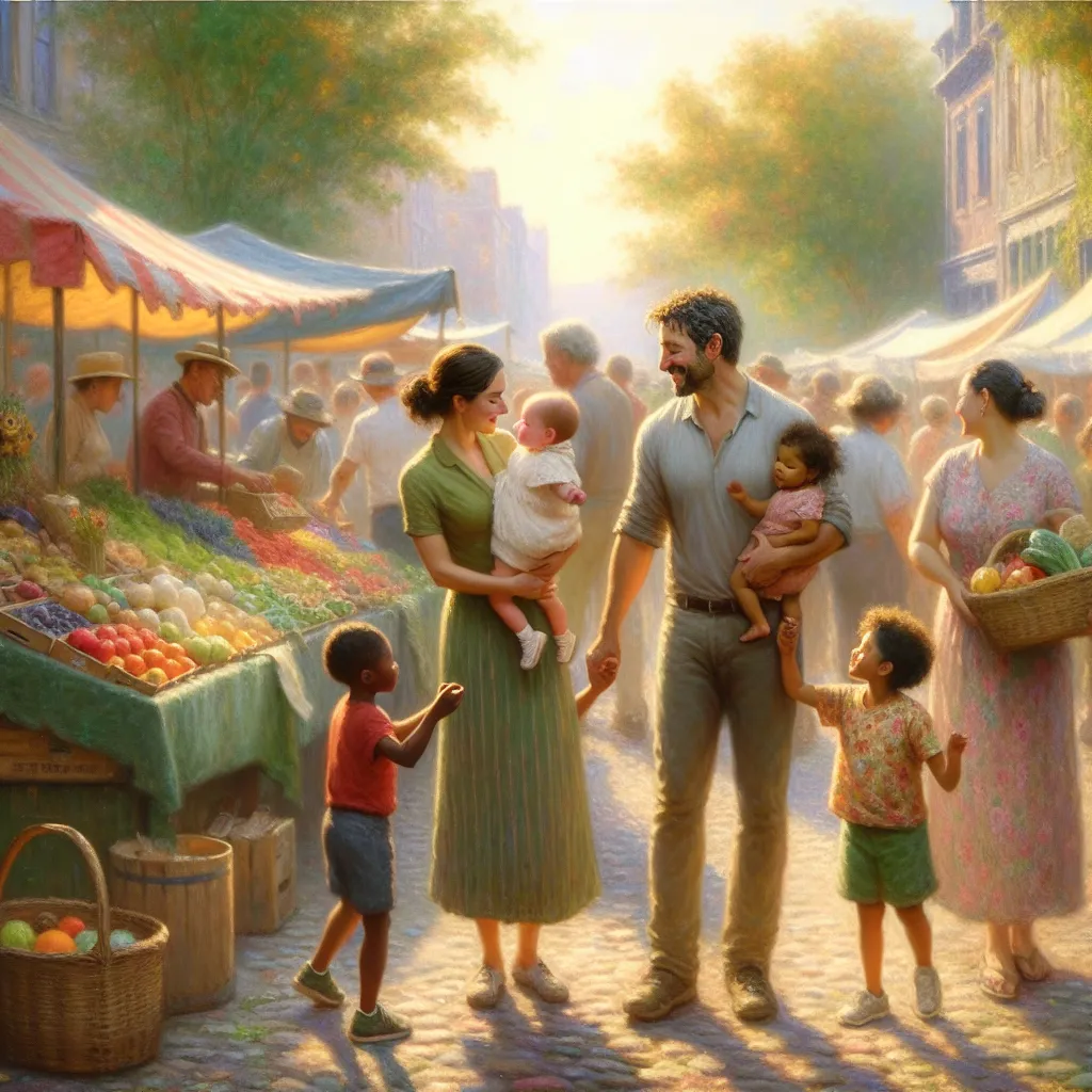 Story, Ethan, Family, Shopping, Transformation. in the style of Monet