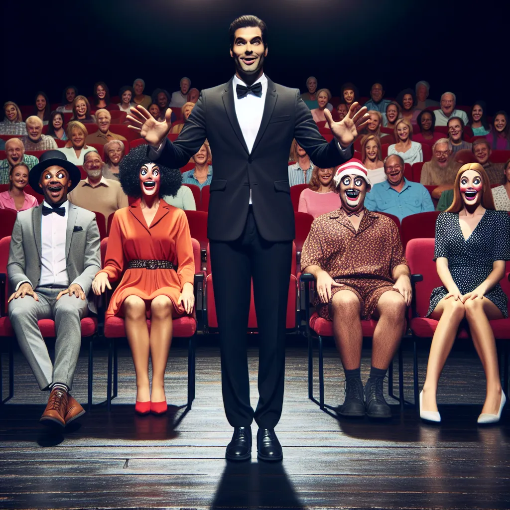 An image of a stage hypnotist performing on a theatre stage, with a mesmerized audience watching in anticipation. The hypnotist is standing in front of two volunteers, a man and a woman, who are seated on chairs facing the audience. The man is dressed in women's clothing, while the woman is in men's clothing, and they both have exaggerated and comical expressions on their faces. The audience is filled with laughter and amusement, capturing the lighthearted and entertaining atmosphere of the show