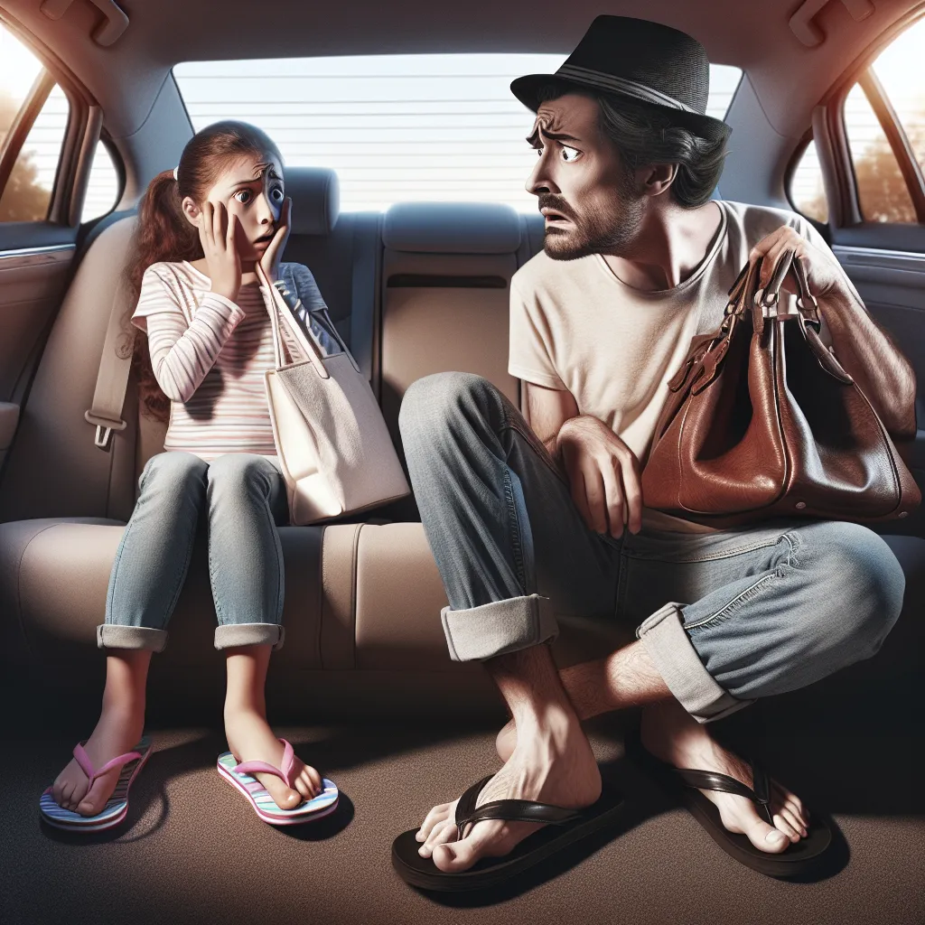 A confused person, wearing new jeans and flip-flops, with a handbag over their shoulder, sits in a car with a concerned young girl, realizing they are not who they appear to be.
