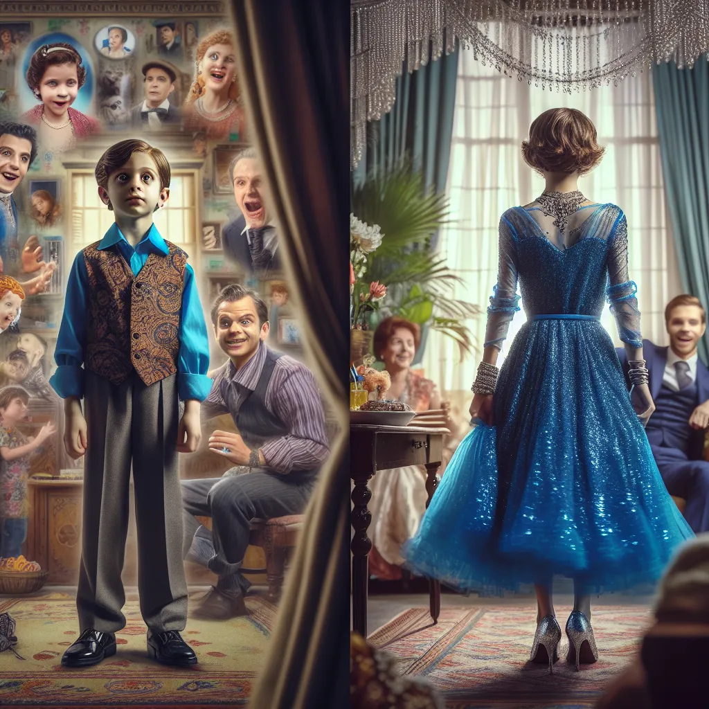 The image to accompany this story depicts a young boy named Aiden transformed into a woman named Felicity, wearing a stunning sapphire blue dress, sparkling heels, and adorned with elegant jewelry. In the background, a lively household bustles around, capturing the magical essence of a family's unique tale.