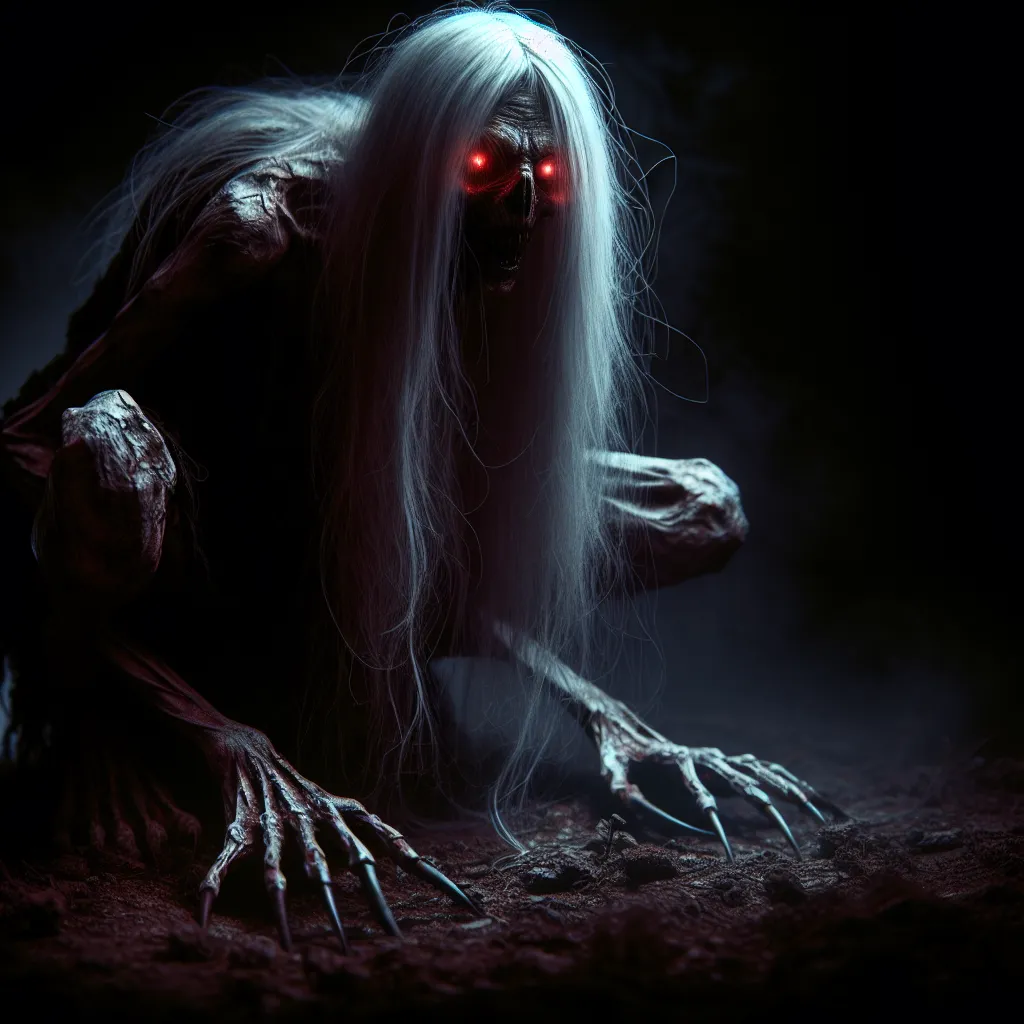 Image description: A dark and sinister figure lurks in the shadows. Its body is twisted and deformed, with pale, gaunt skin, long white hair, and glowing red eyes. Its features resemble that of a witch from the video game Left 4 Dead. The creature crouches on the ground, its claws digging into the dirt as it emits a chilling growl. The eerie glow from its eyes illuminates the surrounding darkness, adding to the ominous atmosphere.