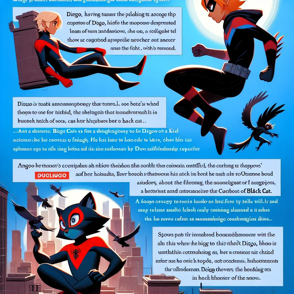 Diego, now fully embracing his role as Fox Kid, leaps from a skyscraper while reflecting on his unexpected encounter with Black Cat. Meanwhile, Black Cat, lost in intense thoughts about Fox Kid, is interrupted by Vulture and the two engage in a quick and vicious fight. Black Cat realizes she needs help and seeks out Fox Kid who, after a tender moment, agrees to assist her. Together, they battle Vulture's robotic menace and develop a strong connection. However, Vulture knocks out Black Cat, ignit