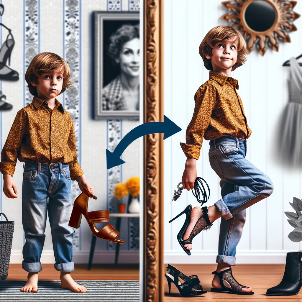 A young boy named Max Carter accidentally transforms into the sassy and glamorous Marsha as he tries on her aunt's high-heeled sandals. The image depicts the chaotic scene in Marsha's home, capturing Max's initial shock and subsequent transformation into the confident and stylish Marsha.