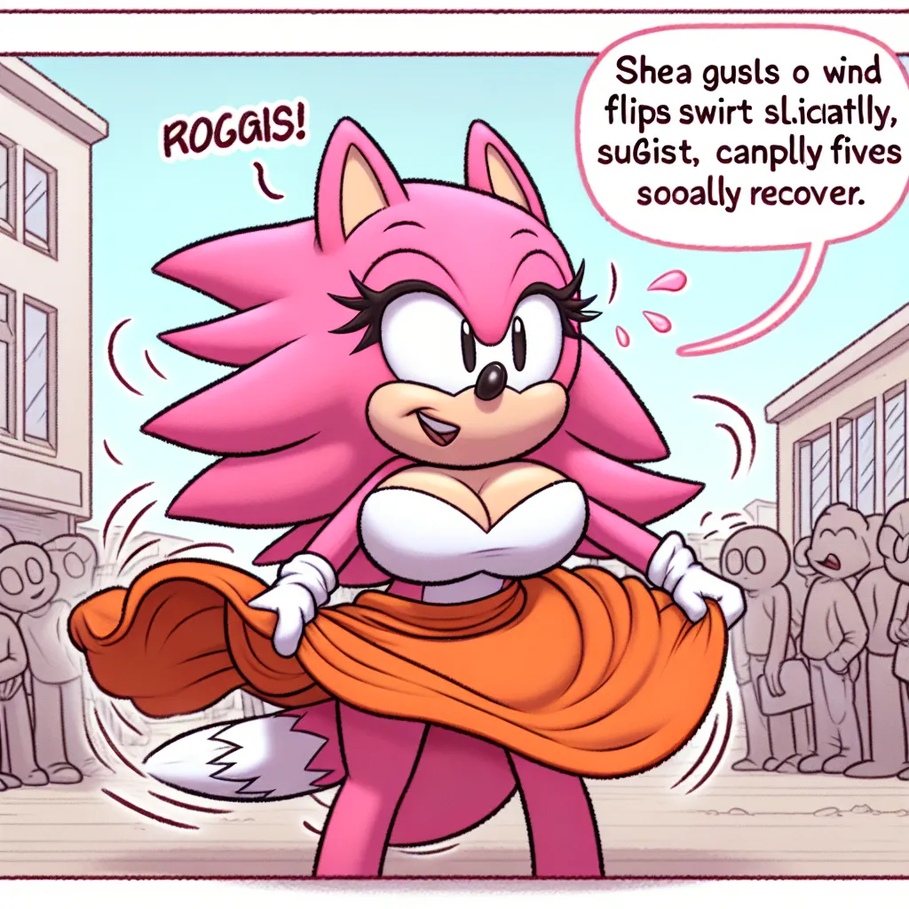 A pink-furred hedgehog named Amy Rose experiences a hilarious wardrobe malfunction when a mischievous gust of wind sends her orange skirt flying. Struggling to maintain her dignity, Amy's embarrassment is met with a mix of amusement and empathy from the onlookers. This incident becomes a legendary and laughable moment in the bustling town of Station Square.