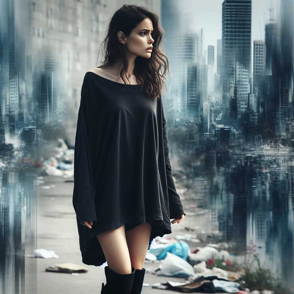 A woman named Clara, dressed in a tight black dress and knee-high boots, stands alone in an unfamiliar city. She is confused and vulnerable, trying to navigate her new reality after an unexplained transformation. Clara reflects on her past experiences of prejudice and discrimination, finding solace in her strength and resilience. She seeks answers and a sense of belonging, determined to find her place in this strange world.