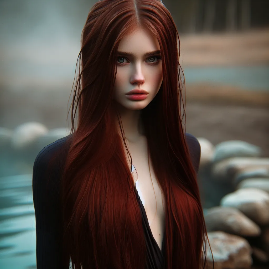 An image of a young woman with long, straight, silky red hair and mysterious violet eyes stands in a hot spring, her body wrapped in a towel. There is an air of unease and transformation as she grapples with her identity and vows to fight against the twisted reality that has consumed her.