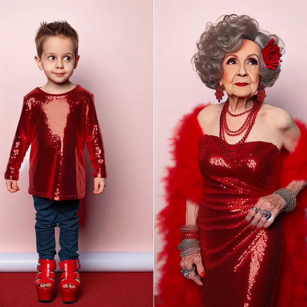 An image of a young boy transformed into an elderly woman named Vivian Rosewood, dressed in a red sparkly dress, accessorized with jewelry, and wearing red platform sandals, standing confidently.