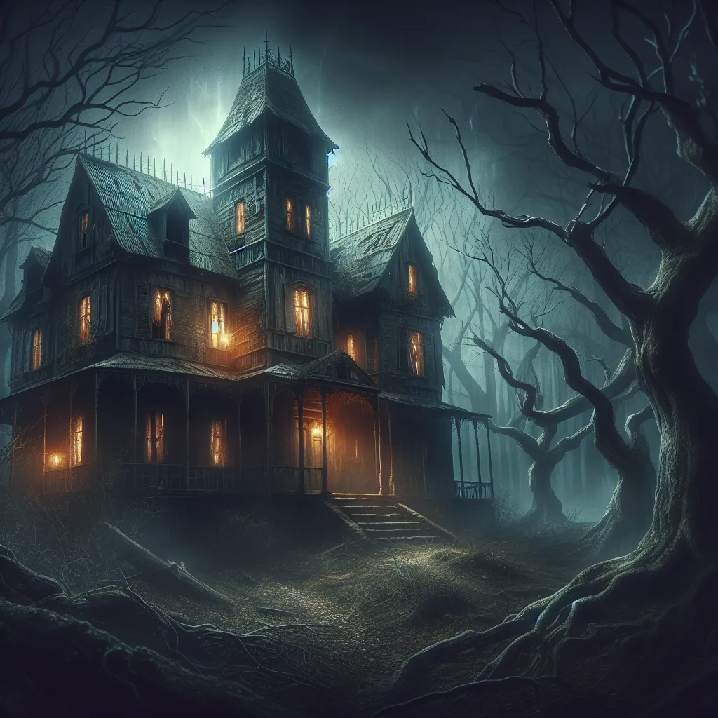 Description: A chilling, atmospheric image of an old, weathered mansion nestled in a dense forest. The mansion stands ominously, with flickering lights emanating from the windows, while shadows and skeletal fingers of trees loom in the foreground. The image captures the eerie and foreboding atmosphere of the horror story "Shadows of Carnage," where a group of friends must confront terrifying supernatural forces during their stay at the mansion.