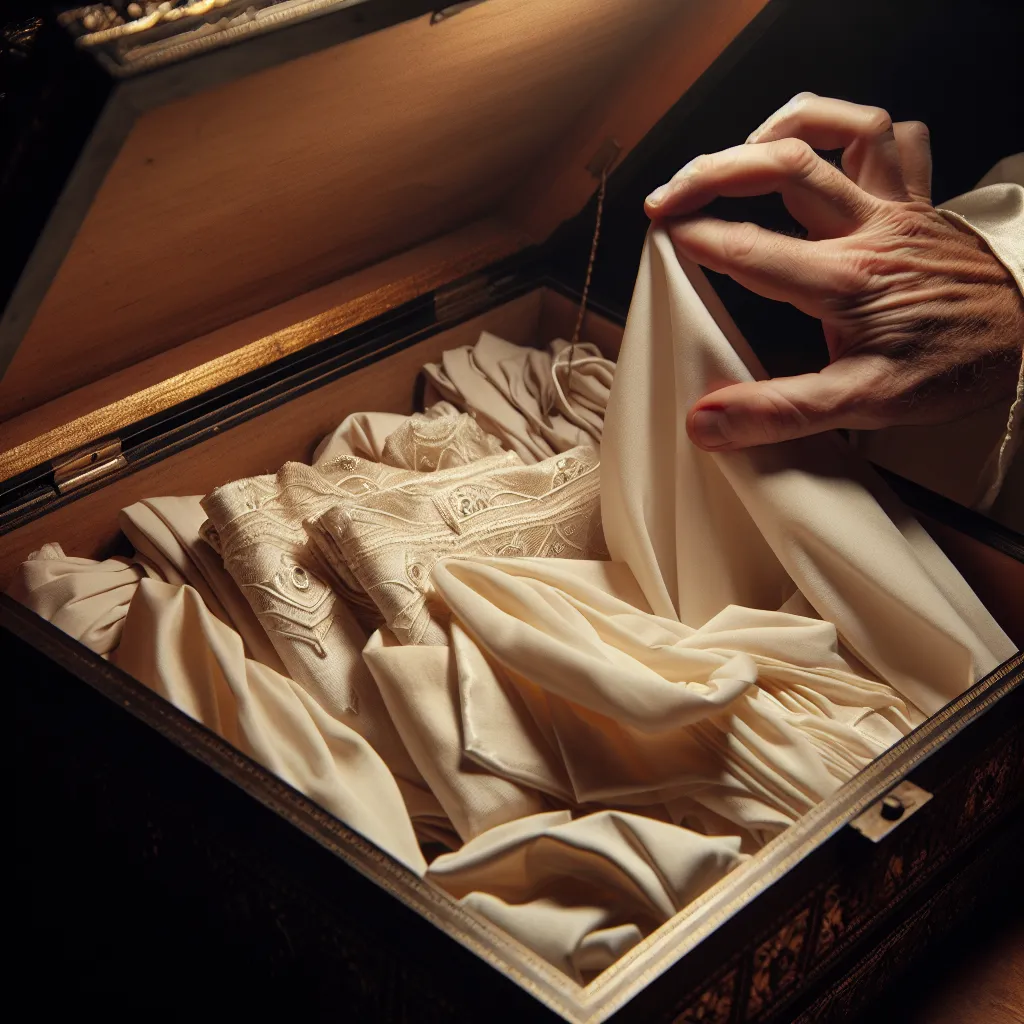 The image will show a close-up of a hidden compartment being opened, revealing delicate garments of a priestess.