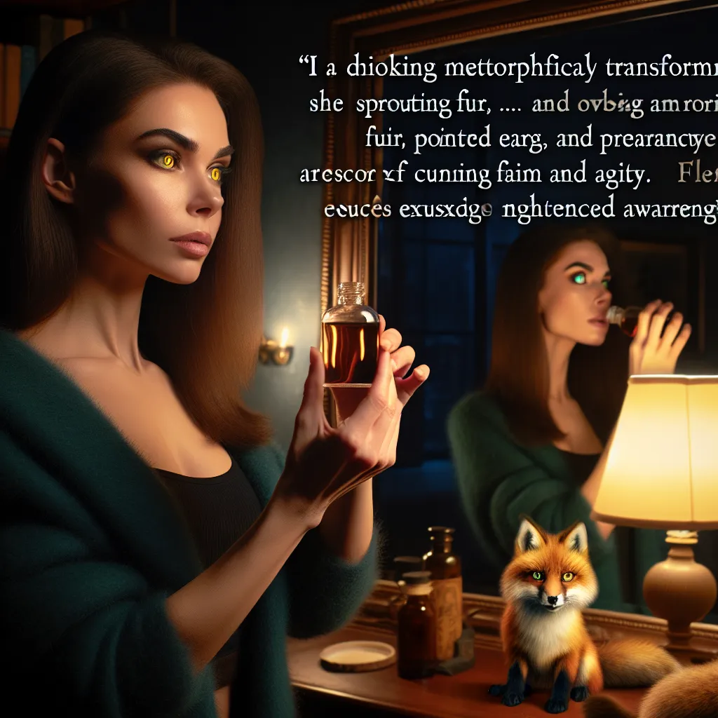 A young woman, Evelyn, stands in her dimly lit apartment, holding a vial of transformation serum. With anticipation and excitement, she drinks the iridescent liquid and experiences a remarkable metamorphosis. Her body begins to change, sprouting vivid cyan fur and pointed fox ears. She marvels at her nimble claws, slender frame, and furry tail. Her eyes transform to a mesmerizing gold and her senses become heightened. Evelyn admires her new form in the mirror, feeling a surge of power and confid