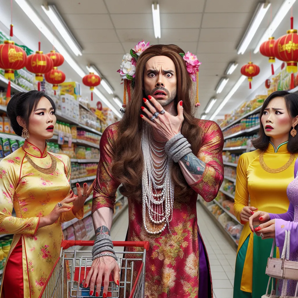 An image of a bewildered Owen, now transformed into Lan, standing in a grocery store aisle surrounded by Vietnamese women, struggling to understand his new appearance and surroundings. The scene captures his shock and confusion as he grapples with his altered identity, wearing feminine clothing and jewelry, his painted nails on full display, while the women interact beside him, unaware of his inner turmoil.