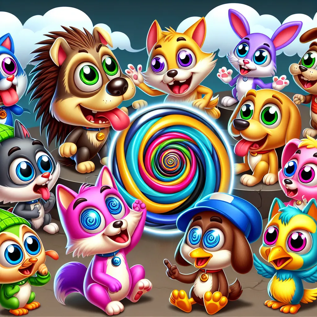 This image will feature the characters from "Littlest Pet Shop: A World of Our Own" in a comedic and chaotic scene, with Trip Hamston showcasing his hypnosis pranks on his fellow pets. Expect to see characters like Trip, Jade, Roxie, Bev, Edie, and Quincy caught up in hilarious situations caused by the hypnosis tricks, creating a lively and fun-filled atmosphere.