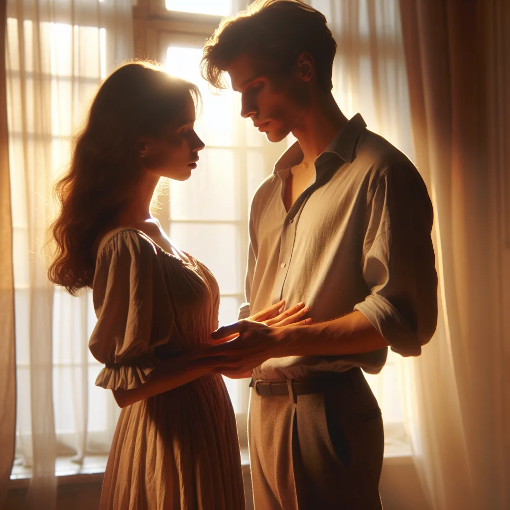 A tender moment bathed in afternoon light, where a woman seeks patience in the embrace of a man with a quiet hunger. The image captures their intimate connection, her deliberate movements, and the juxtaposition of urgency and slow exploration in a gentle romance setting.
