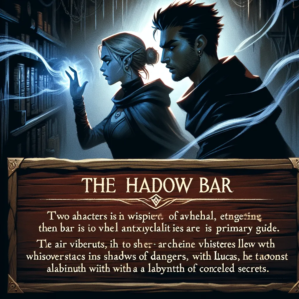A dramatic scene at the Shadow Bar unfolds as Elara and Lucas navigate through mystery and danger, guided by Elara's supernatural senses. Murmurs of intrigue and hidden threats lace the atmosphere, leading them into the shadows of a web of secrets waiting to be unraveled.