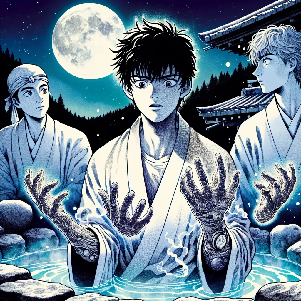 The image depicts a young man, Naruto, standing by a moonlit hot spring surrounded by his friends Sakura and Ino. His body shows signs of an unsettling transformation, with his hands turning delicate and feminine and his chest beginning to change shape. Despite his obvious distress, his friends remain oblivious to the dark metamorphosis taking place.