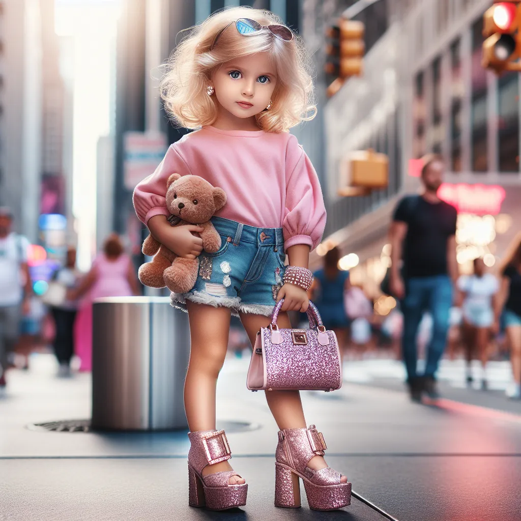 The image accompanying this story could depict a young girl with golden blonde hair, wearing a bright pink crop top and denim shorts, standing on a city street. She is wearing platform flip-flops with glittering straps, carrying a sparkly pink purse, and wearing oversized sunglasses. She gazes confidently into the distance while clutching a worn stuffed bear.