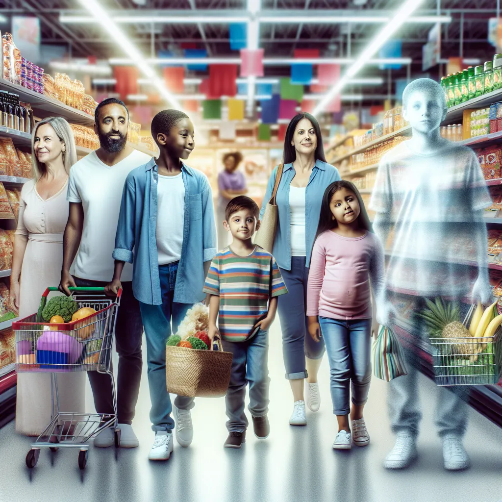 An image of a young, transparent boy named Oliver, standing invisible among a vibrant, diverse family of five at a bustling supermarket, as he reaches out for help, but remains unnoticed by those around him.