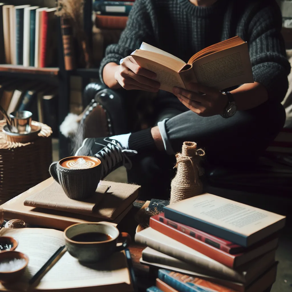 A person sits in a cozy coffee shop, surrounded by books and a steaming cup of coffee, engrossed in reading a captivating novel.