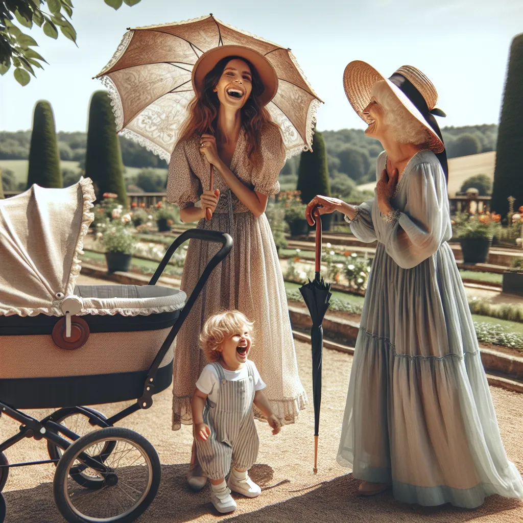 A woman dressed in a diaper, frilly bonnet, and pacifier stands in a baby pram while an older woman and a mischievous child laugh mischievously.