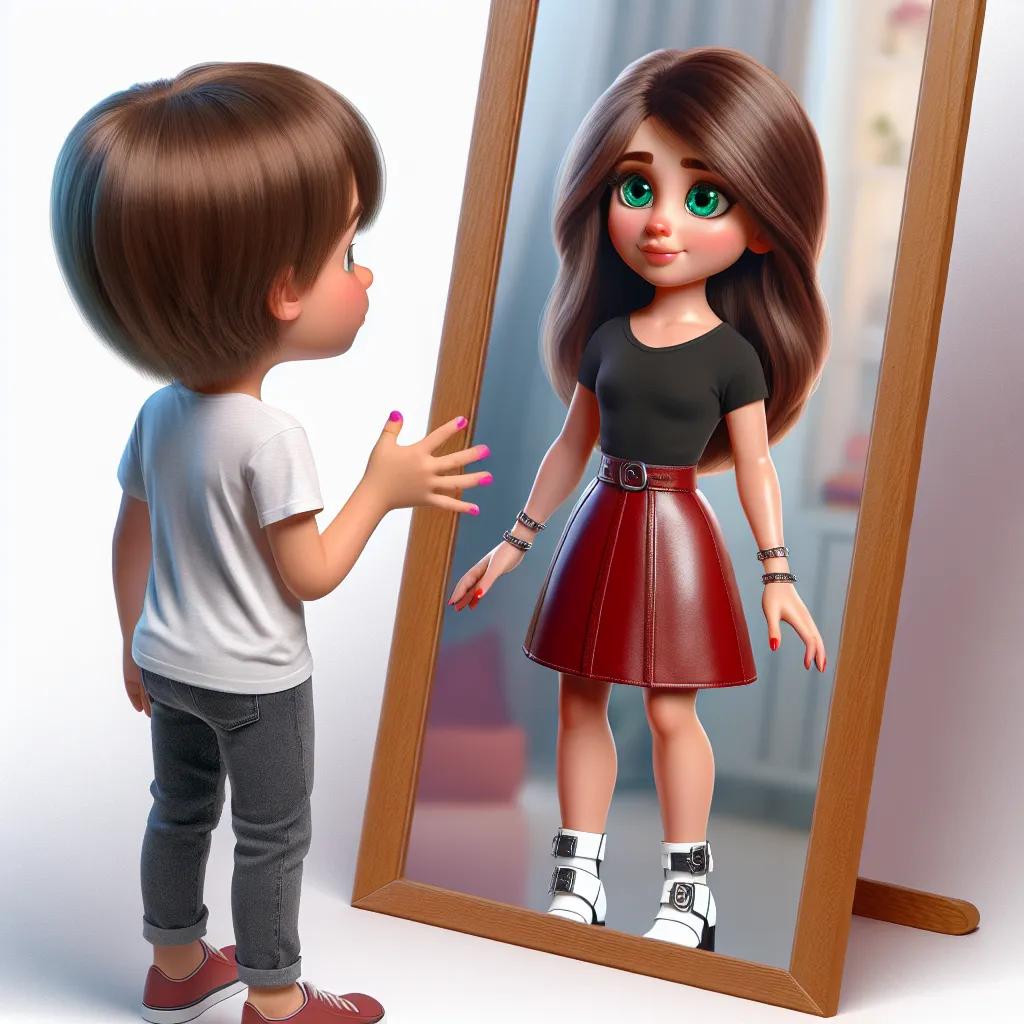 In this image, a seven-year-old boy named Ethan is shown transformed into a taller, female version of himself named Vicky. Vicky has shoulder-length chestnut brown hair, emerald-green eyes, and a slender, feminine figure. She is wearing a tight black crop top, a short red leather skirt, white sandals with silver buckles, and has pink-painted nails. Vicky is standing in front of a mirror, looking puzzled and determined to find a way to switch back to her original body.