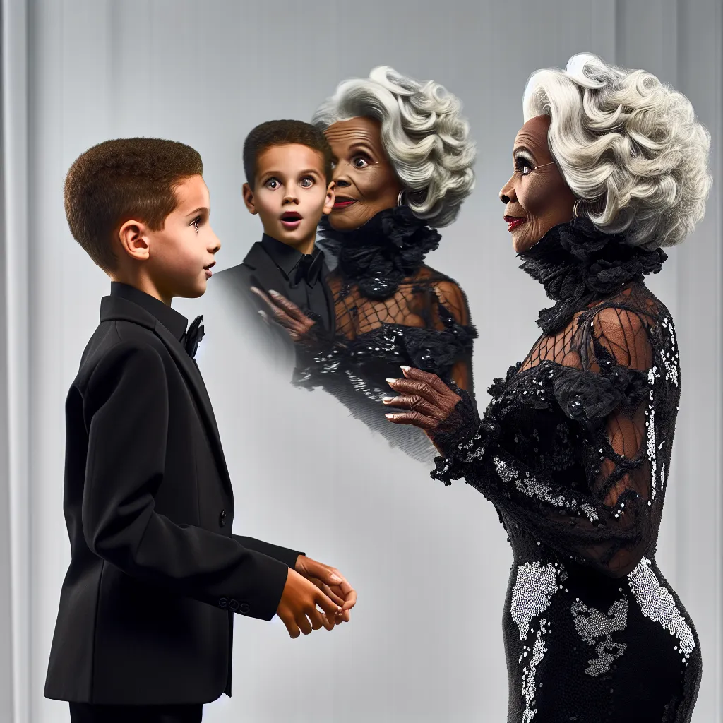 The image accompanying this story is of a young boy transforming into an older black woman dressed in a skimpy, black sequined dress. The woman is admiring her reflection in a mirror, showcasing a look of surprise and confusion.