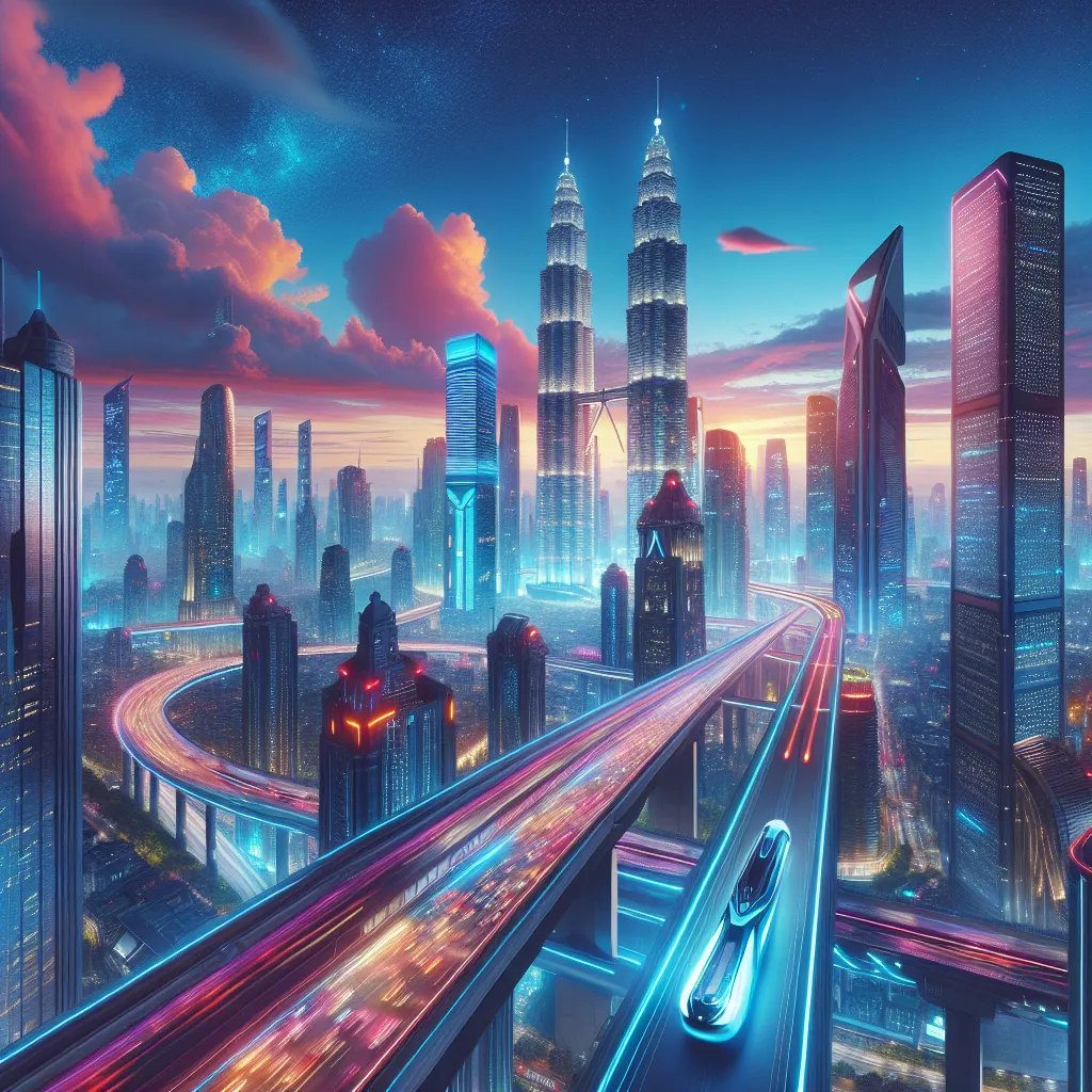 Title: "Vibrant Skies of a Futuristic Cityscape"

Description: A breathtaking aerial view of a bustling futuristic cityscape. Neon lights illuminate towering skyscrapers that stretch towards a vibrant, cloud-filled sky. Dense traffic flows smoothly through elevated highways, while sleek hovercrafts glide through the air. The energy and dynamism of the city are palpable, promising a futuristic experience like no other.