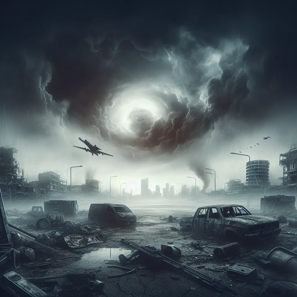 Title: "Echoes of a Broken World"
Genre: Dystopian

The image will capture a bleak dystopian landscape, highlighting the aftermath of a catastrophic event. Broken buildings, abandoned vehicles, and ominous skies set the scene, conveying a sense of desolation and despair.