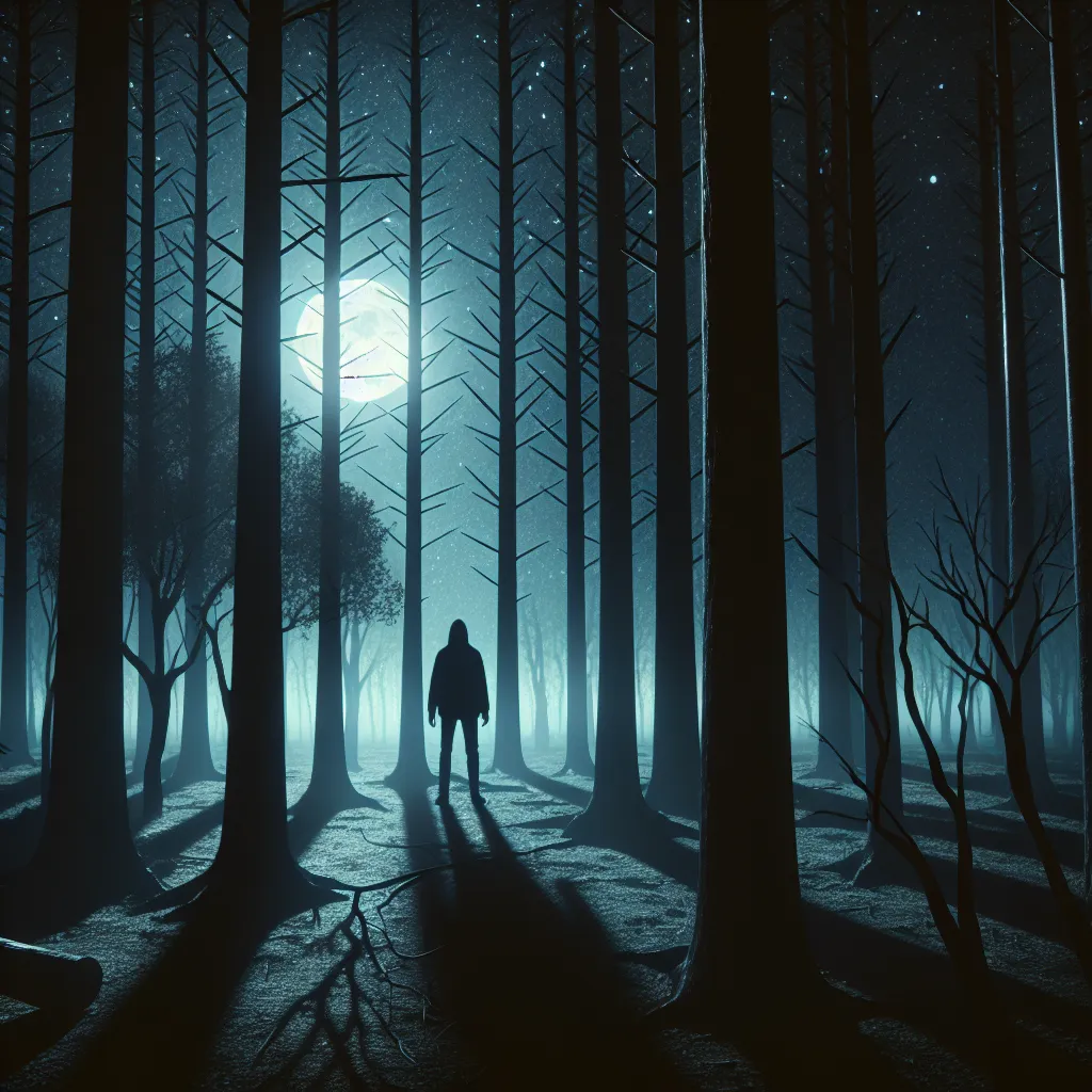 A mysterious figure stands alone amidst a dense forest, bathed in the soft glow of the moon. The trees loom tall, their branches stretching upwards towards a sky filled with twinkling stars. Shadows dance among the trunks, adding an air of intrigue and adventure to the scene.