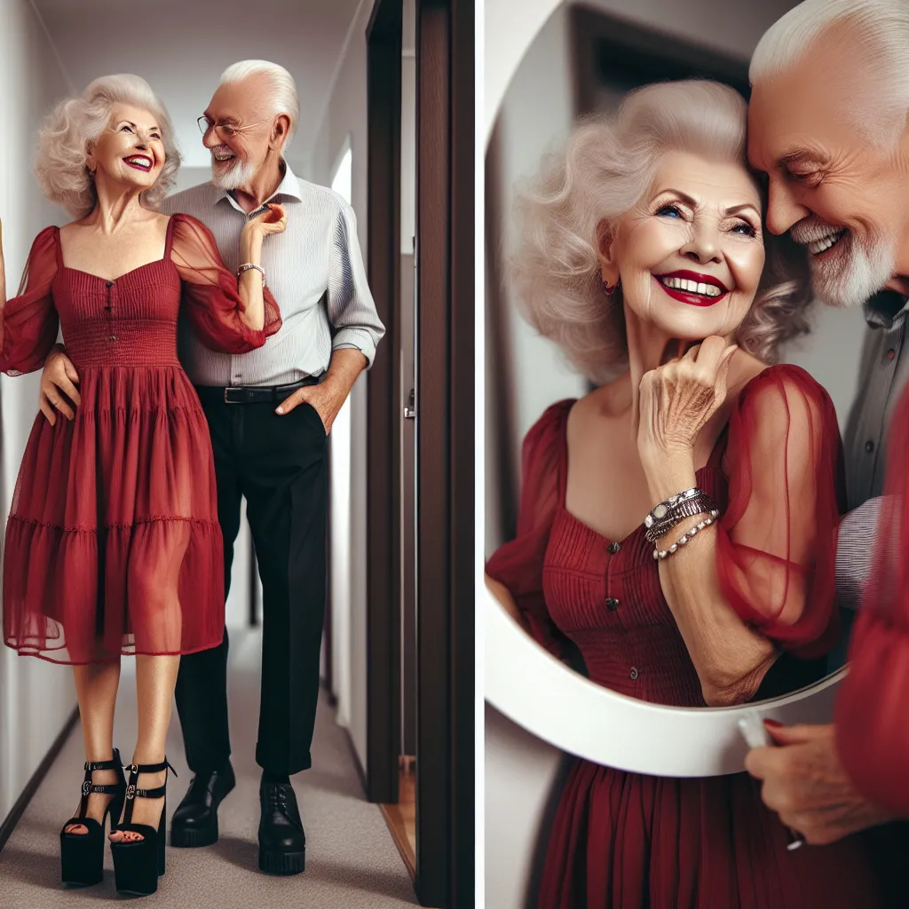 A heartwarming image of a woman in her 70s, Monica, radiating happiness and contentment alongside her loving husband. She is elegantly dressed in a skimpy red sundress, wearing black platform sandals and accessorized with jewelry. Her hair is styled in soft curls, and she applies the finishing touches to her makeup in the hallway mirror. Monica's beauty transcends age as she embraces her role as a devoted wife and mother, grateful for her life and the endless love she shares with her family.
