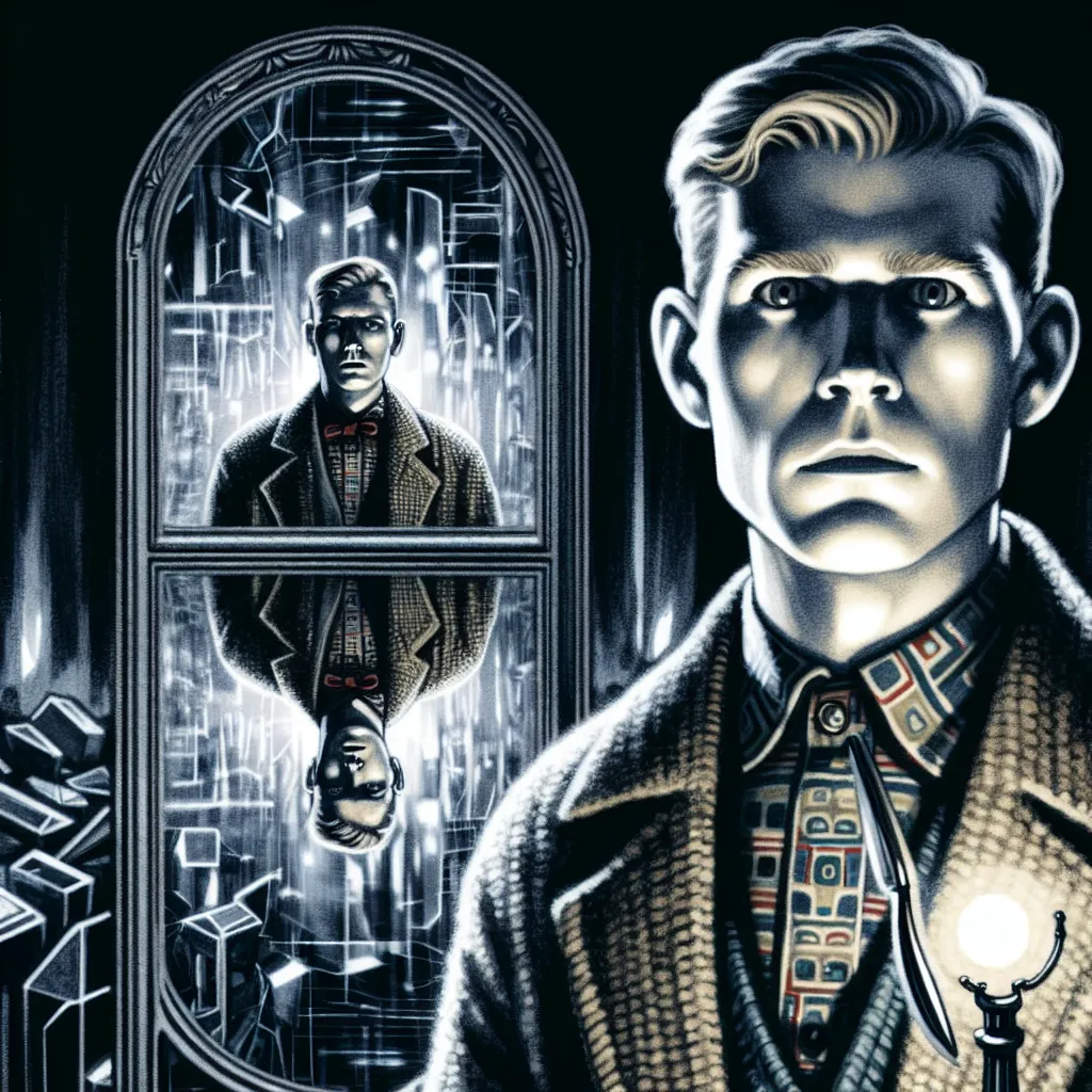 Illustration for the horror short story "Life Stolen From Touma": Depicts a character trapped in a body that is not their own, struggling with gender dysphoria and mind control. The image shows a person with a haunted expression, torn between their true identity and the false persona they are forced to embody. The setting is eerie, with shadows casting a sense of foreboding and mirrors reflecting distorted images.