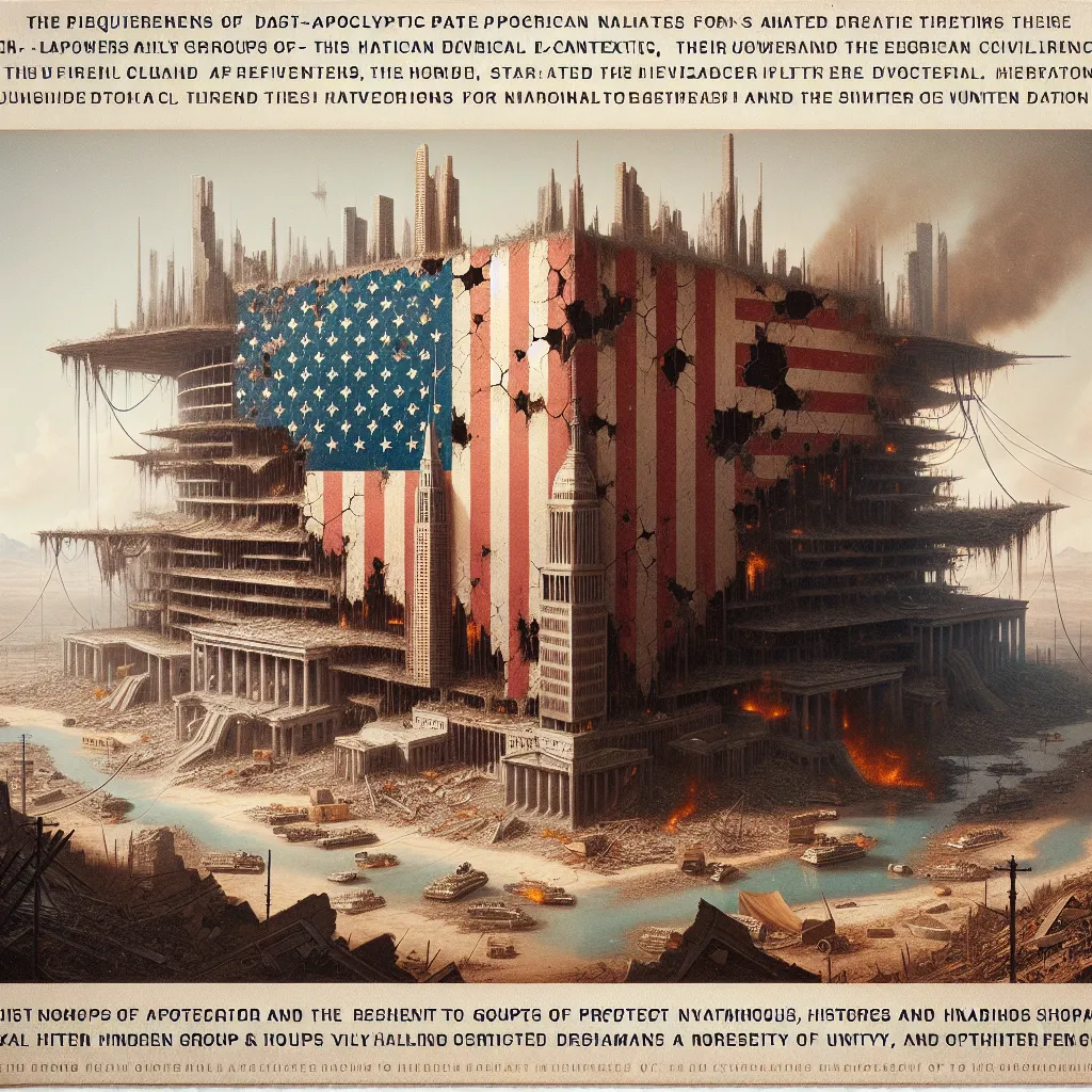 An image of a fractured, post-apocalyptic America divided into different territories ruled by warlords. The image portrays ruined and abandoned cities, with competing factions and their symbols vying for control. The Capitol building in Washington D.C. lies in ruins, while small, hidden pockets of resistance work to preserve history and dream of reuniting the nation. The image is a cautionary tale of the consequences of radical change and internal strife, emphasizing the fragility of civilizatio