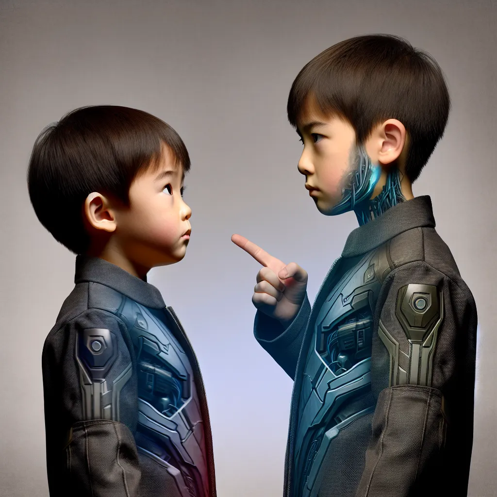 An image of Lan Hikari, wearing Megaman's suit, stands face-to-face with a younger boy who resembles him. Hub, the boy, gazes at Lan with authority and mischief, while Lan's expression shows a mix of confusion and desperation. The image captures the power struggle and digital transformation at the heart of the story "Digital Shackles: The Tale of Lan and Megaman."